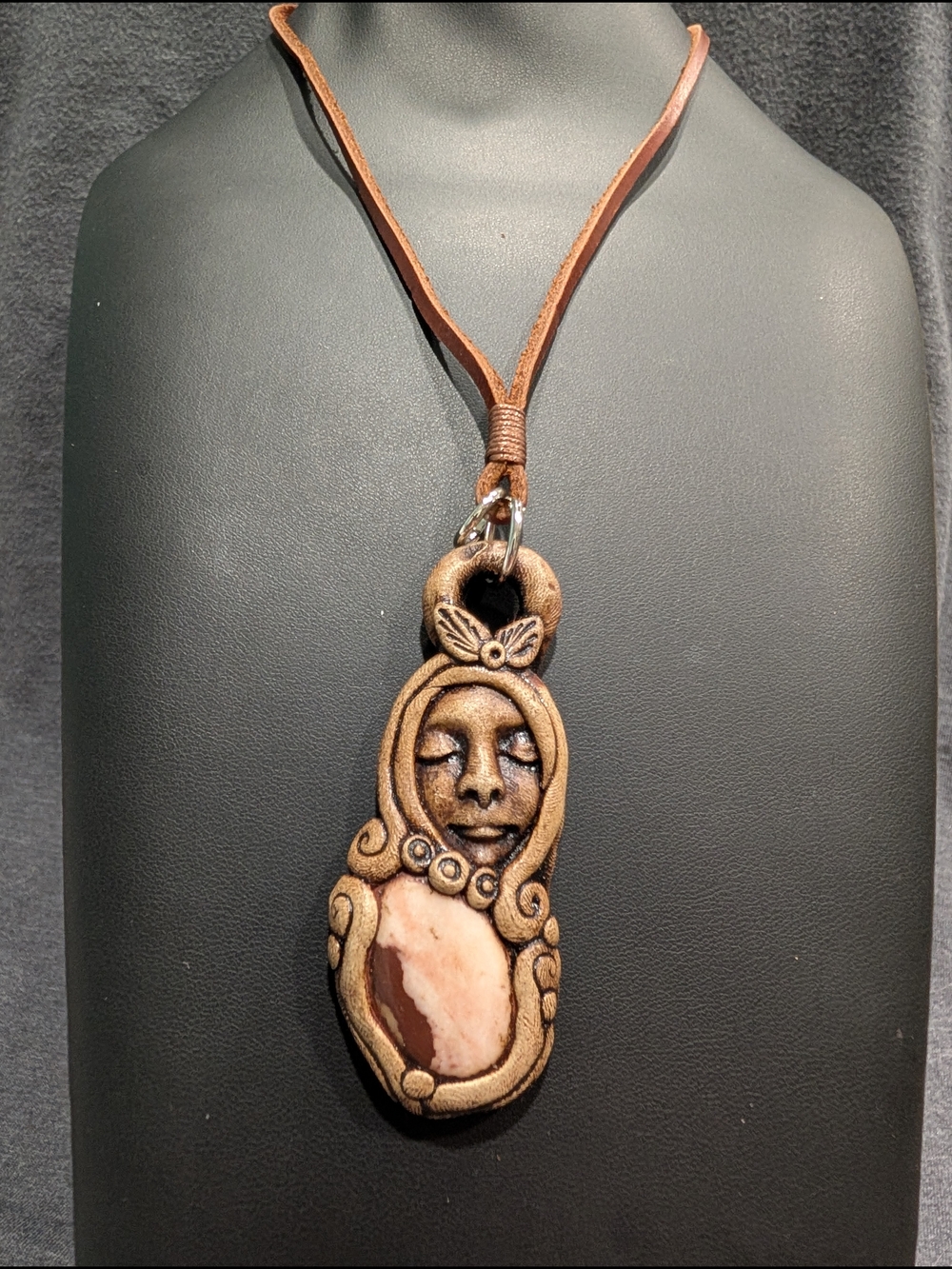 Handcrafted Brown Goddess Pendant Necklace with Pink Stone